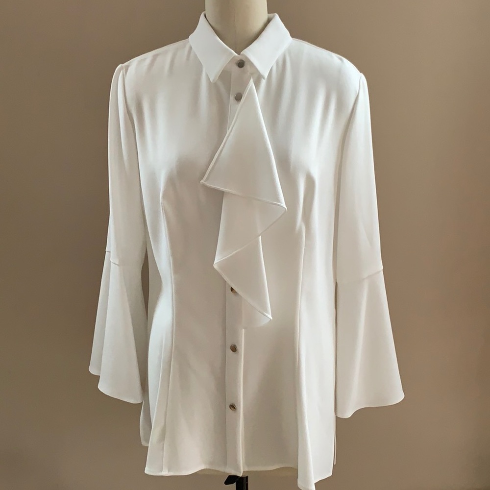 Pamella Roland White bell sleeve ruffle blouse